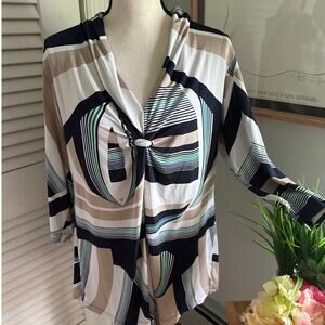 MARINA RINALDI Womens Top Large Abstract Stretch Jersey 3/4 Sleeve V-Neck